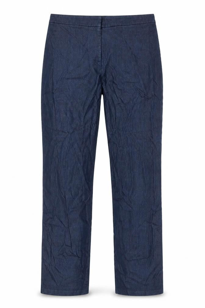 Front view of Warehouse women’s blue cotton trousers, size UK 12, 28-inch leg regular zip