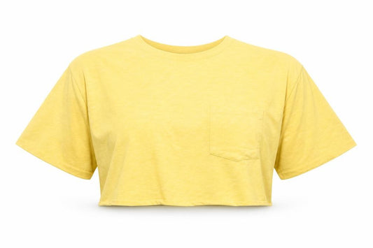 Front view of ASOS women’s yellow polyester cropped t-shirt, size UK 6, round neck