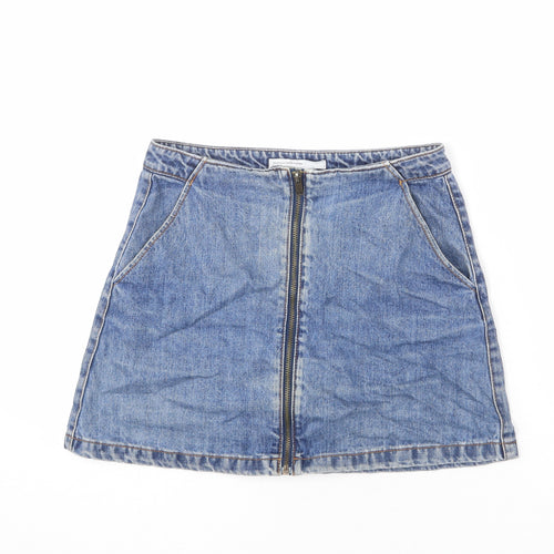Zara Womens Blue Cotton A-Line Skirt Size S Zip - Mini