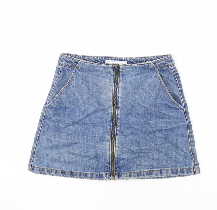 Zara Womens Blue Cotton A-Line Skirt Size S Zip - Mini