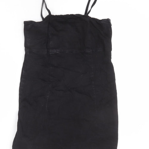 TRF Womens Black Cotton Pinafore/Dungaree Dress Size M Square Neck Zip