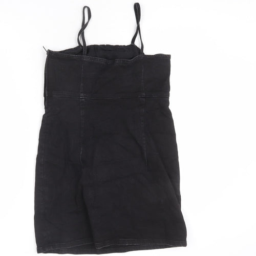 TRF Womens Black Cotton Pinafore/Dungaree Dress Size M Square Neck Zip