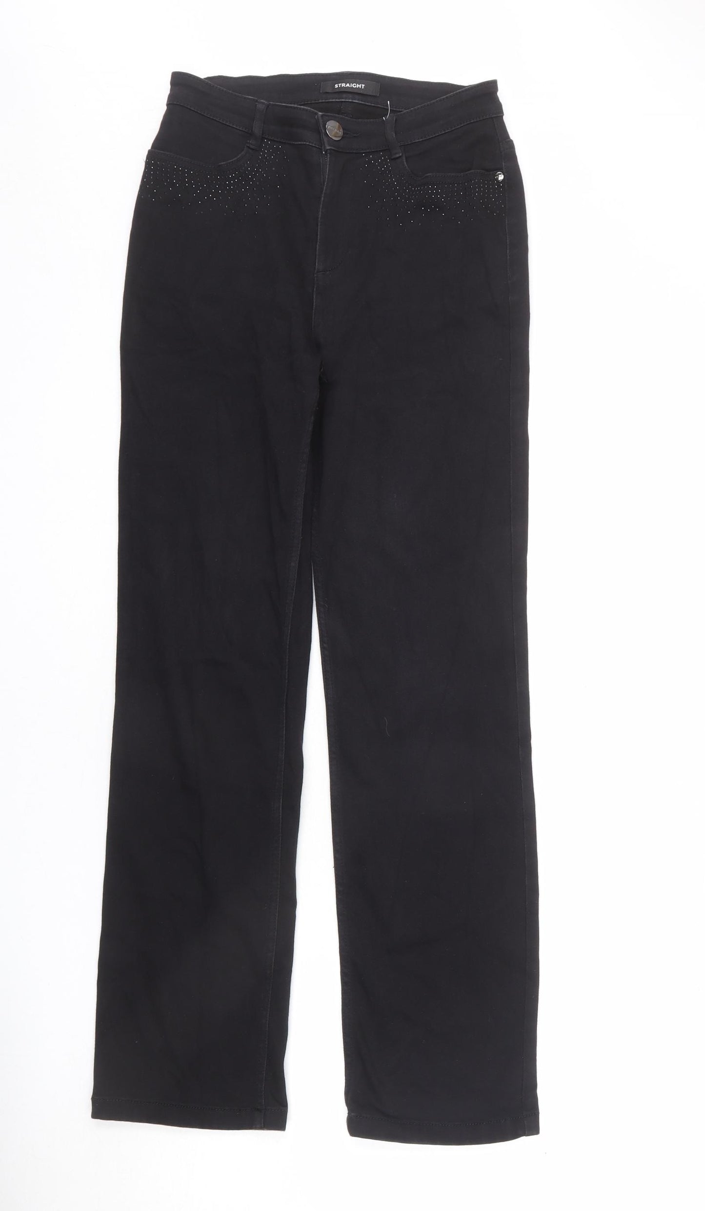 Marks and Spencer Womens Black Cotton Straight Jeans Size 8 L28 in Regular Zip - Sequins