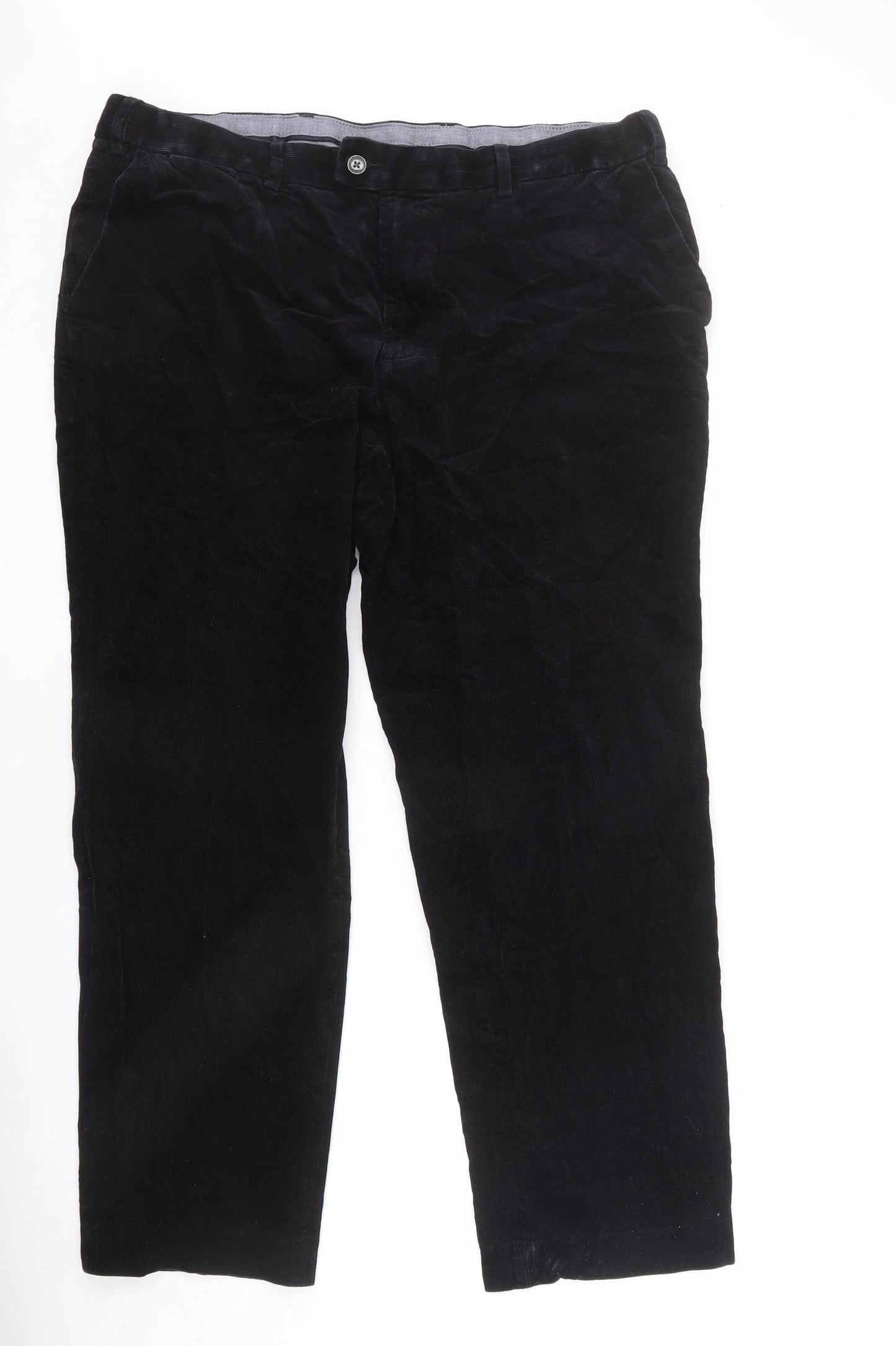 Marks and Spencer Mens Black Cotton Trousers Size 42 in L33 in Regular Zip
