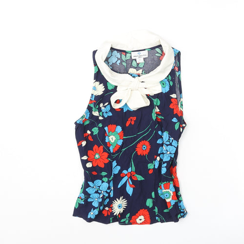 Bright and Beautiful Womens Blue Floral Cotton Basic Blouse Size 6 Collared - Neck Tie Detail