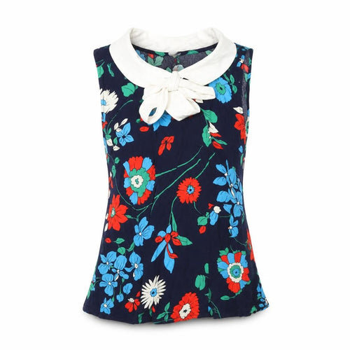 Bright and Beautiful Womens Blue Floral Cotton Basic Blouse Size 6 Collared - Neck Tie Detail