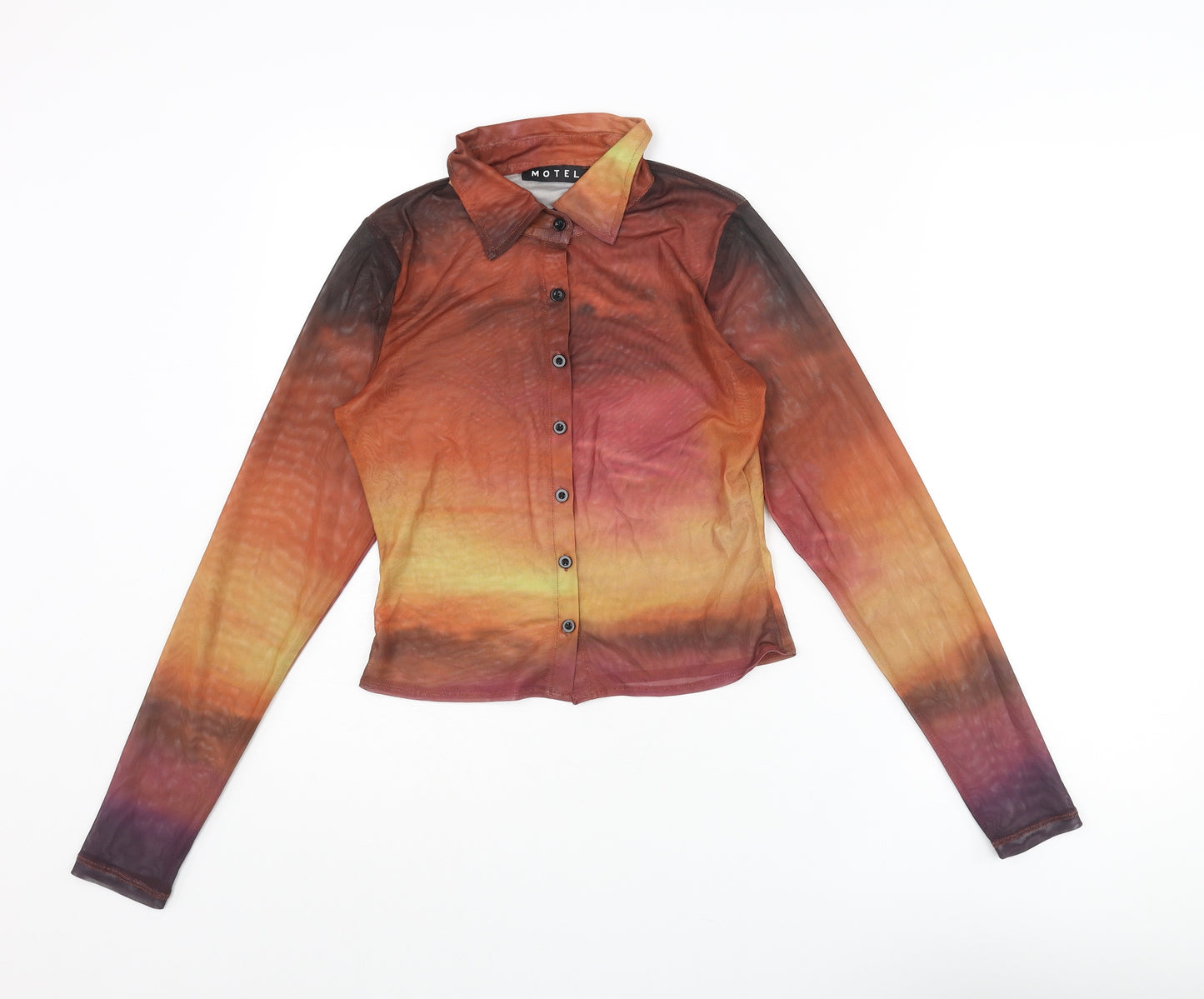 Motel Womens Multicoloured Polyester Basic Button-Up Size S Collared - Sunset Ombre Semi Sheer