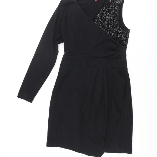 Project D Womens Black Wool Pencil Dress Size 12 One Shoulder Zip - Sequin Pleated