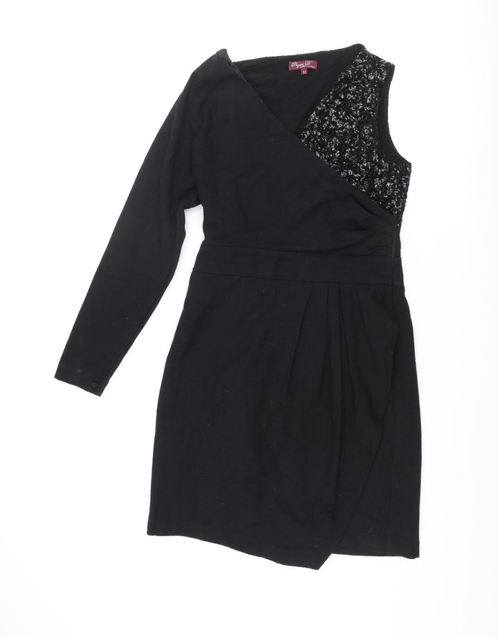 Project D Womens Black Wool Pencil Dress Size 12 One Shoulder Zip - Sequin Pleated