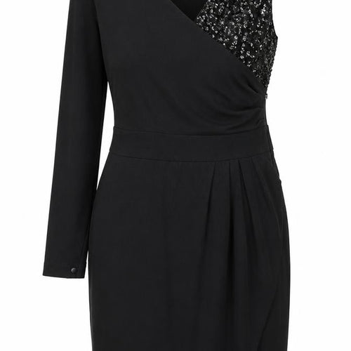Project D Womens Black Wool Pencil Dress Size 12 One Shoulder Zip - Sequin Pleated