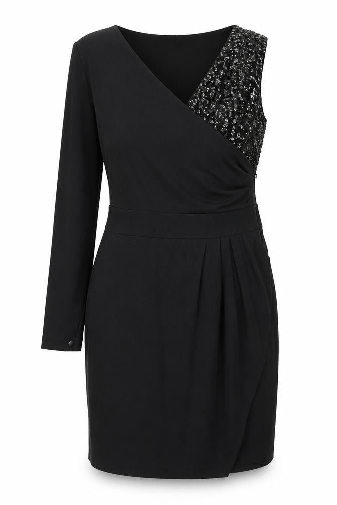 Project D Womens Black Wool Pencil Dress Size 12 One Shoulder Zip - Sequin Pleated