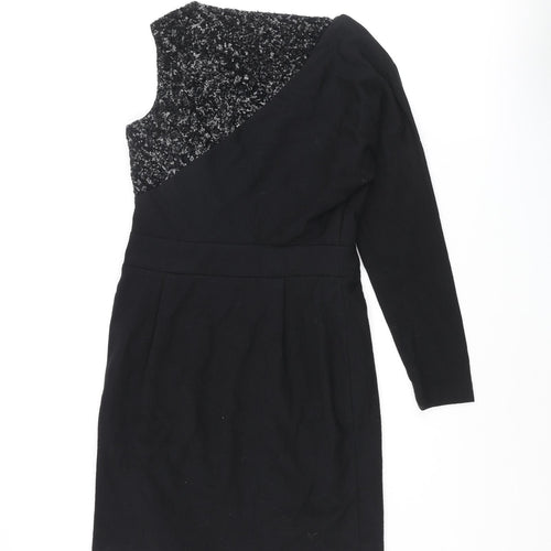 Project D Womens Black Wool Pencil Dress Size 12 One Shoulder Zip - Sequin Pleated