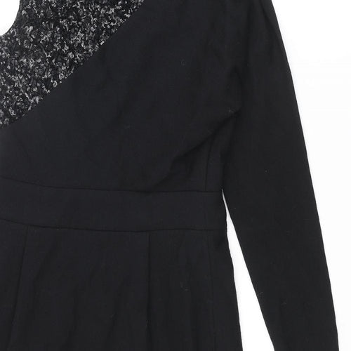 Project D Womens Black Wool Pencil Dress Size 12 One Shoulder Zip - Sequin Pleated
