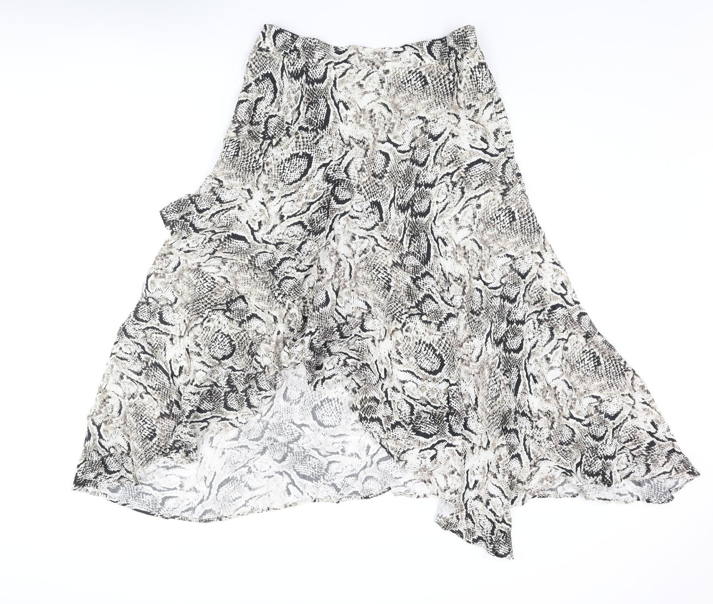 Marks and Spencer Womens Beige Animal Print Viscose Flare Skirt Size 12 Zip - Asymmetric Hem Frill Snake Print