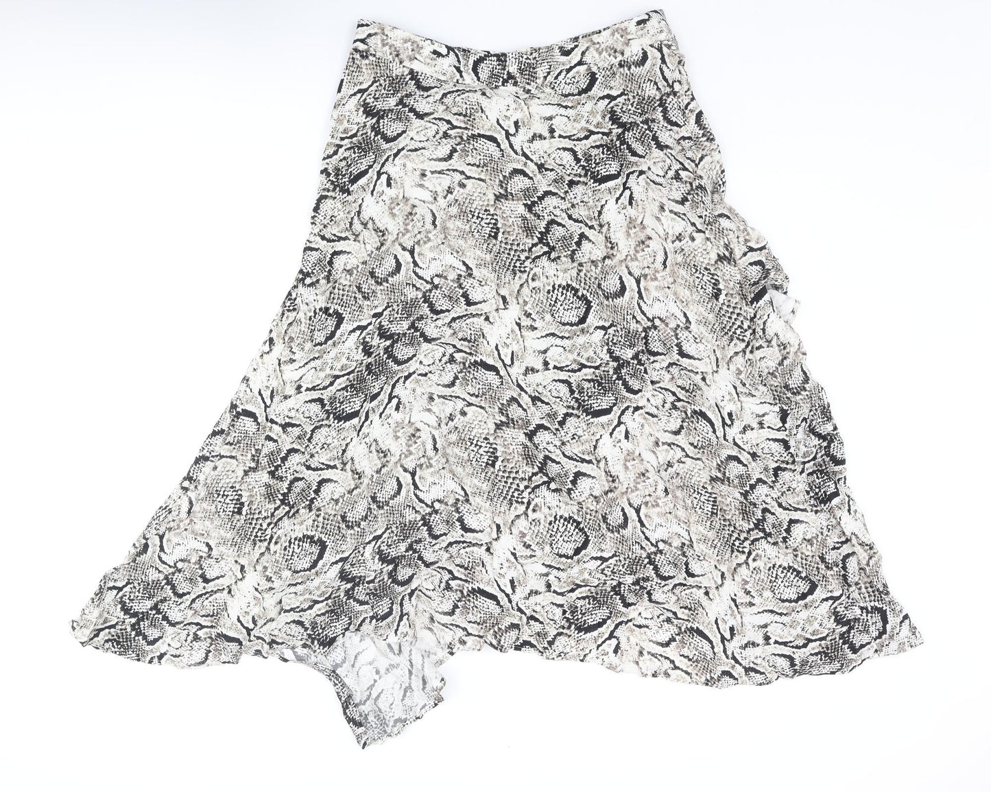 Marks and Spencer Womens Beige Animal Print Viscose Flare Skirt Size 12 Zip - Asymmetric Hem Frill Snake Print