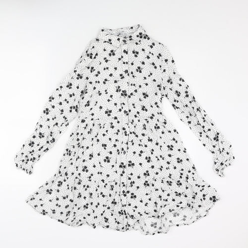 Stradivarius Womens White Geometric Viscose A-Line Size XS Collared Button - Floral Polka Dot Smocked