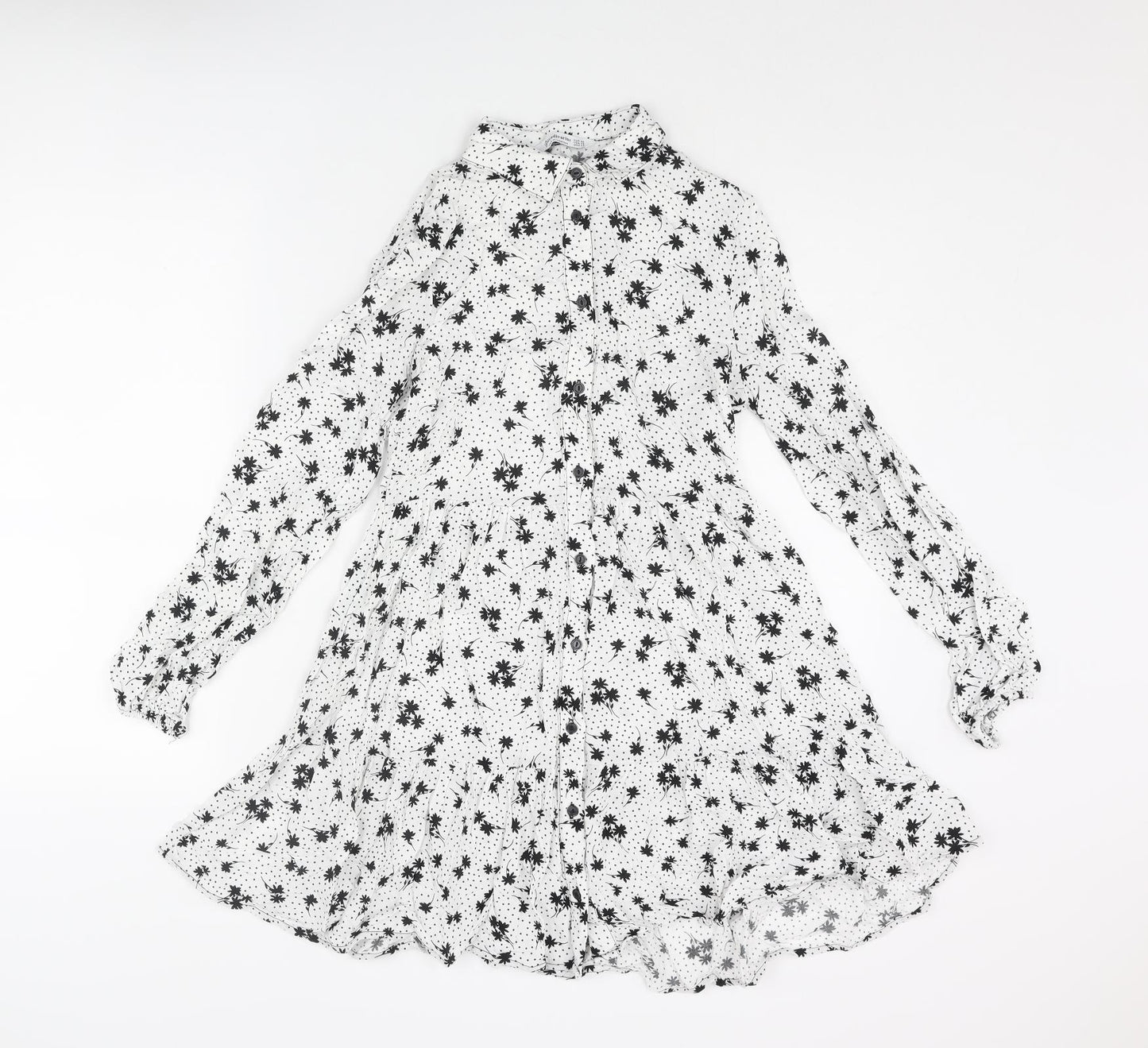 Stradivarius Womens White Geometric Viscose A-Line Size XS Collared Button - Floral Polka Dot Smocked