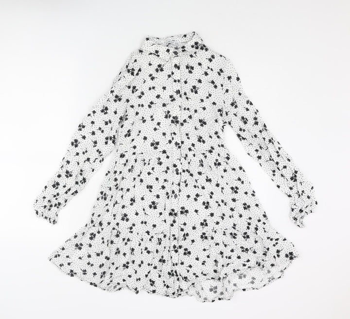 Stradivarius Womens White Geometric Viscose A-Line Size XS Collared Button - Floral Polka Dot Smocked