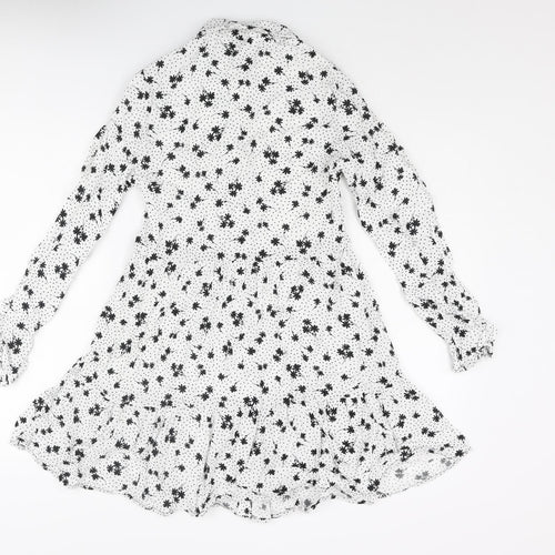 Stradivarius Womens White Geometric Viscose A-Line Size XS Collared Button - Floral Polka Dot Smocked