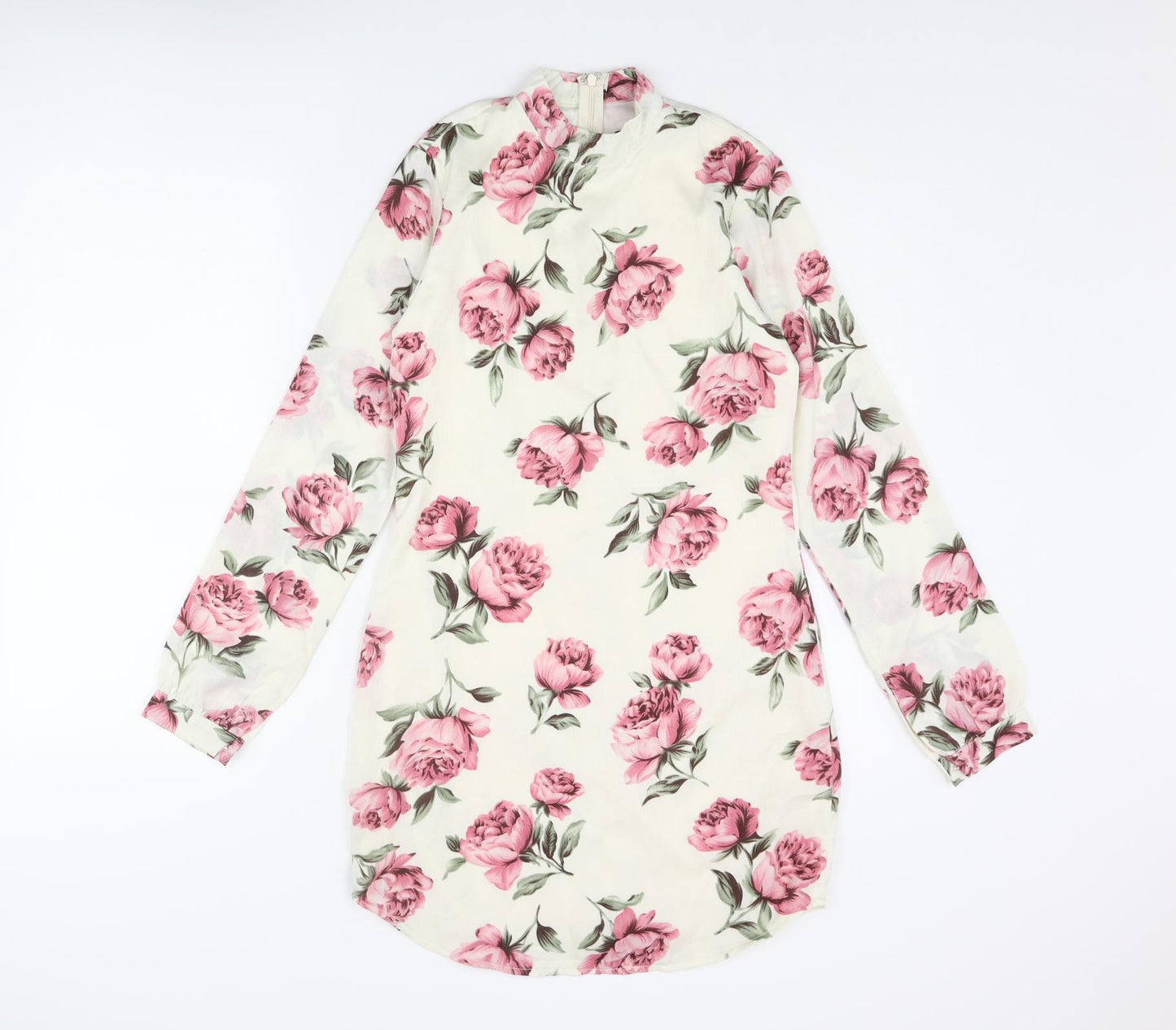 Missguided Womens Ivory Floral Polyester Shift Size 6 Mock Neck Zip