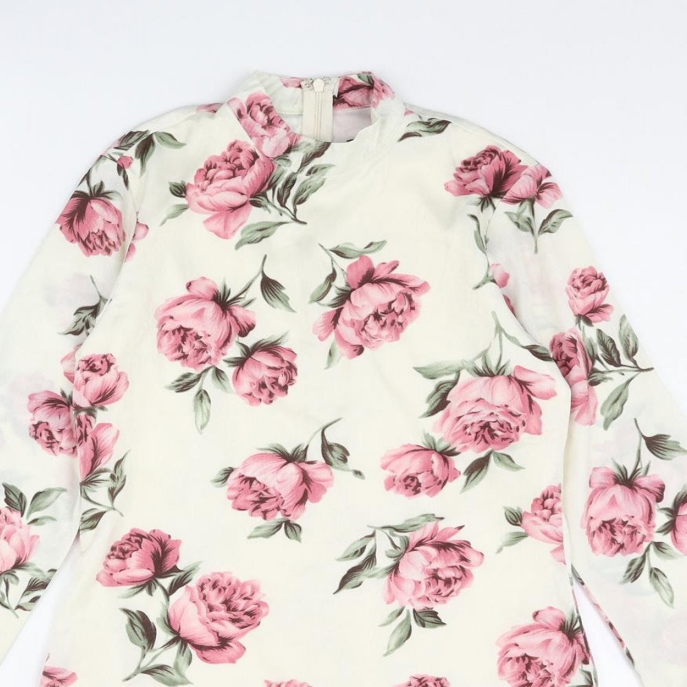 Missguided Womens Ivory Floral Polyester Shift Size 6 Mock Neck Zip