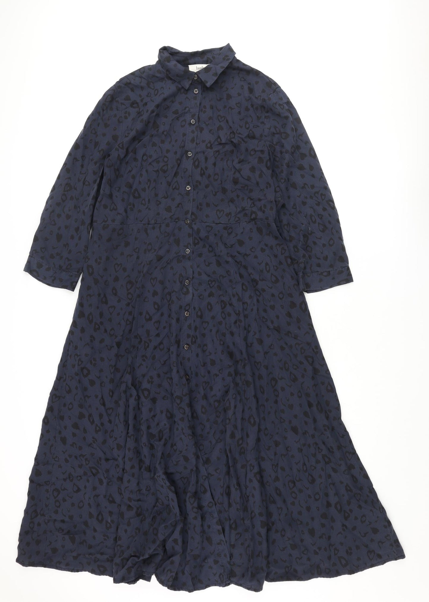 Hush Womens Blue Geometric Lyocell Shirt Dress Size 12 Collared Button - Heart Print