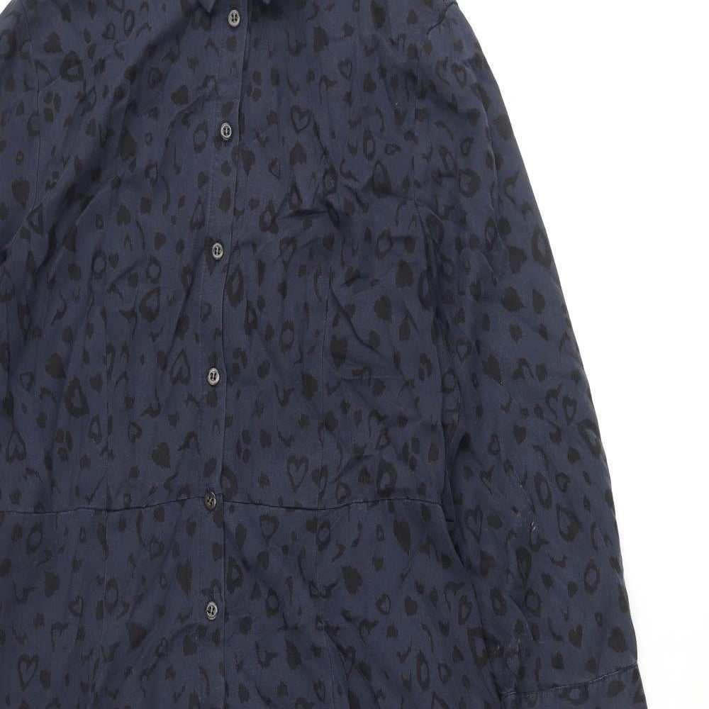 Hush Womens Blue Geometric Lyocell Shirt Dress Size 12 Collared Button - Heart Print