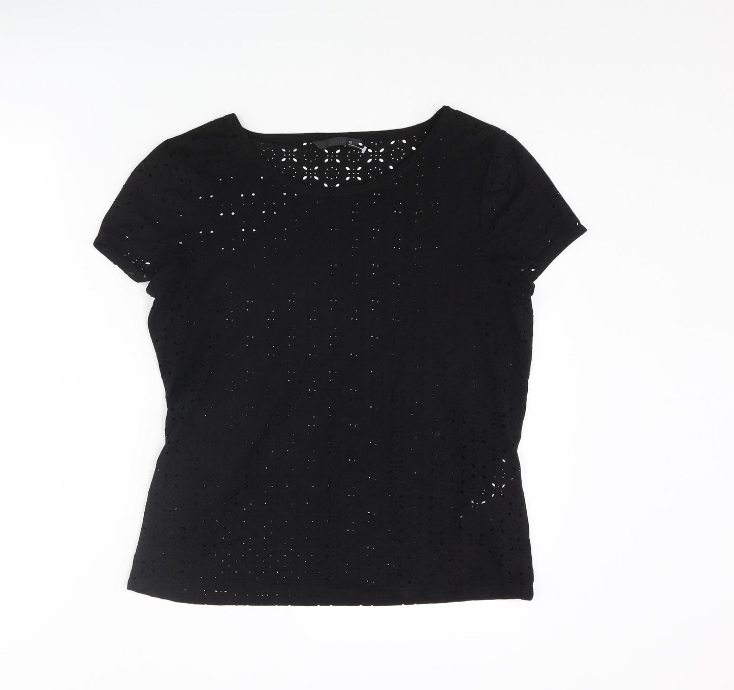 Only Womens Black Geometric Polyester Basic T-Shirt Size 8 Round Neck - Cut Out