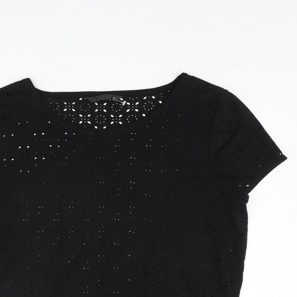 Only Womens Black Geometric Polyester Basic T-Shirt Size 8 Round Neck - Cut Out