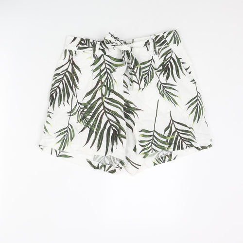 Carolina Belle Womens White Geometric Viscose Paperbag Shorts Size XS L3 in Regular Pull On - Leaf Print Belted