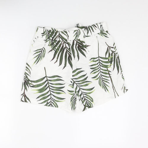 Carolina Belle Womens White Geometric Viscose Paperbag Shorts Size XS L3 in Regular Pull On - Leaf Print Belted