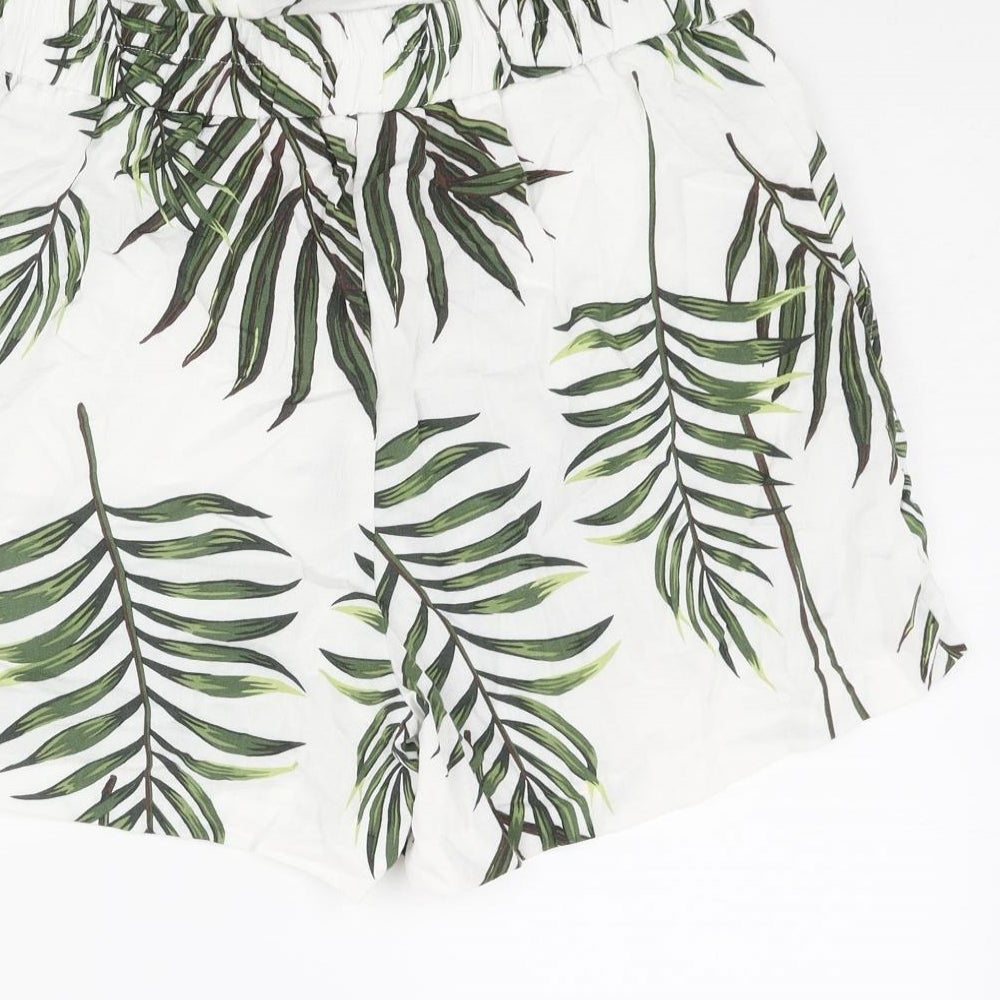 Carolina Belle Womens White Geometric Viscose Paperbag Shorts Size XS L3 in Regular Pull On - Leaf Print Belted