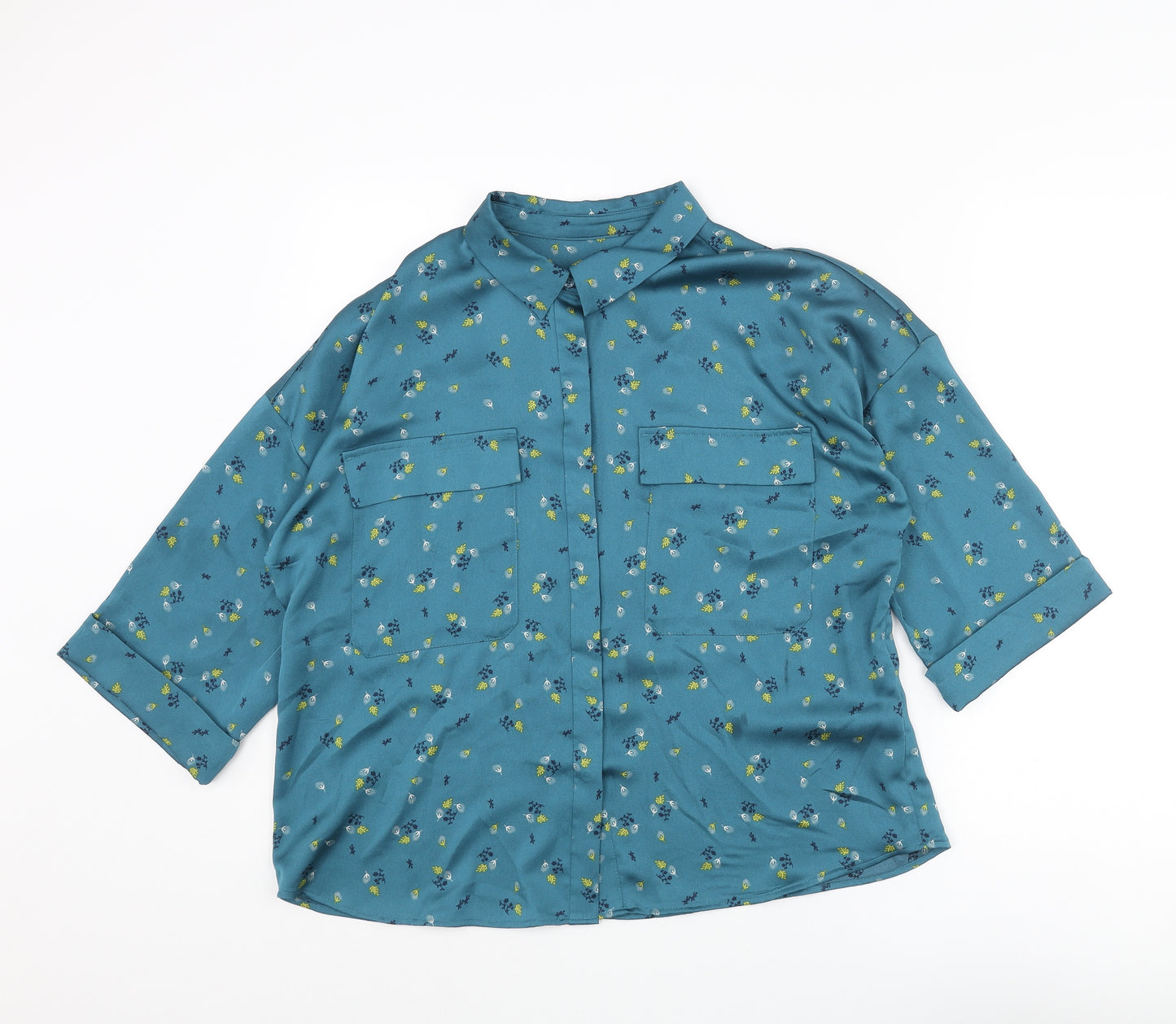 Marks and Spencer Womens Blue Geometric Polyester Basic Button-Up Size 14 Collared - Floral