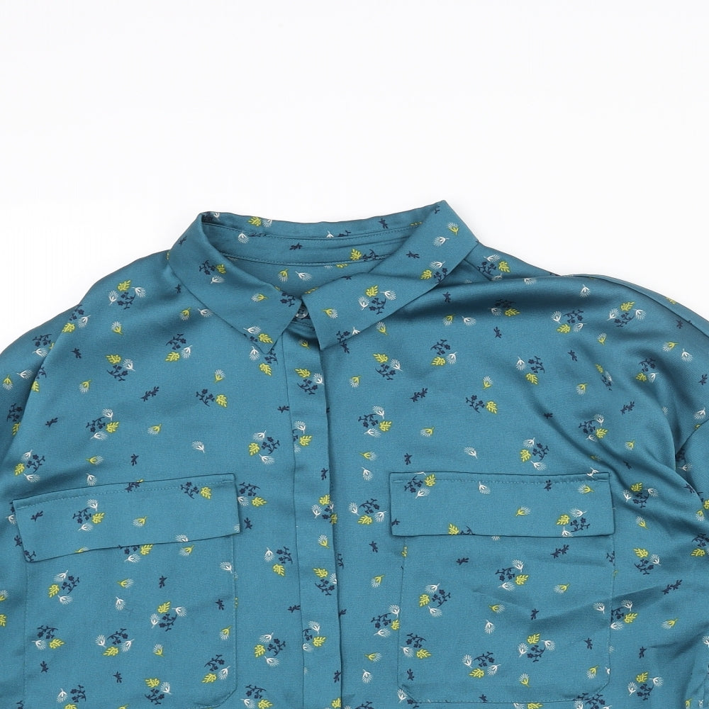 Marks and Spencer Womens Blue Geometric Polyester Basic Button-Up Size 14 Collared - Floral