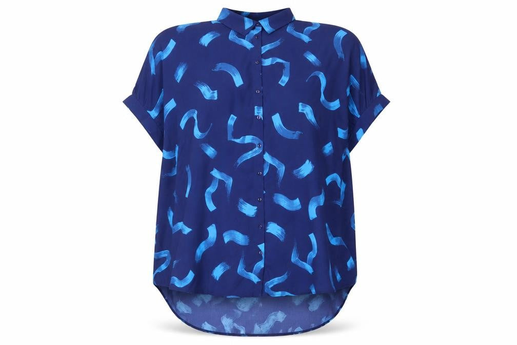 Front view of JD Williams women’s blue geometric polyester tunic button-up, size UK 12, collared