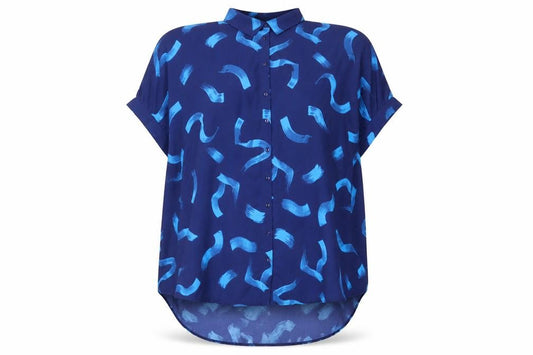 Front view of JD Williams women’s blue geometric polyester tunic button-up, size UK 12, collared
