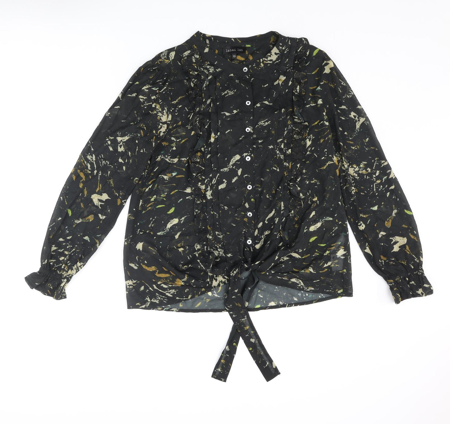 Label Lab Womens Black Geometric Polyester Basic Blouse Size 10 Roll Neck - Frill Tie