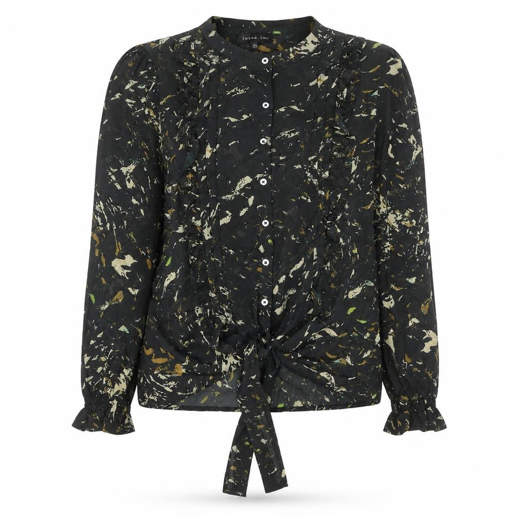 Front view of Label Lab women’s black geometric polyester basic blouse, size UK 10, roll neck - frill tie