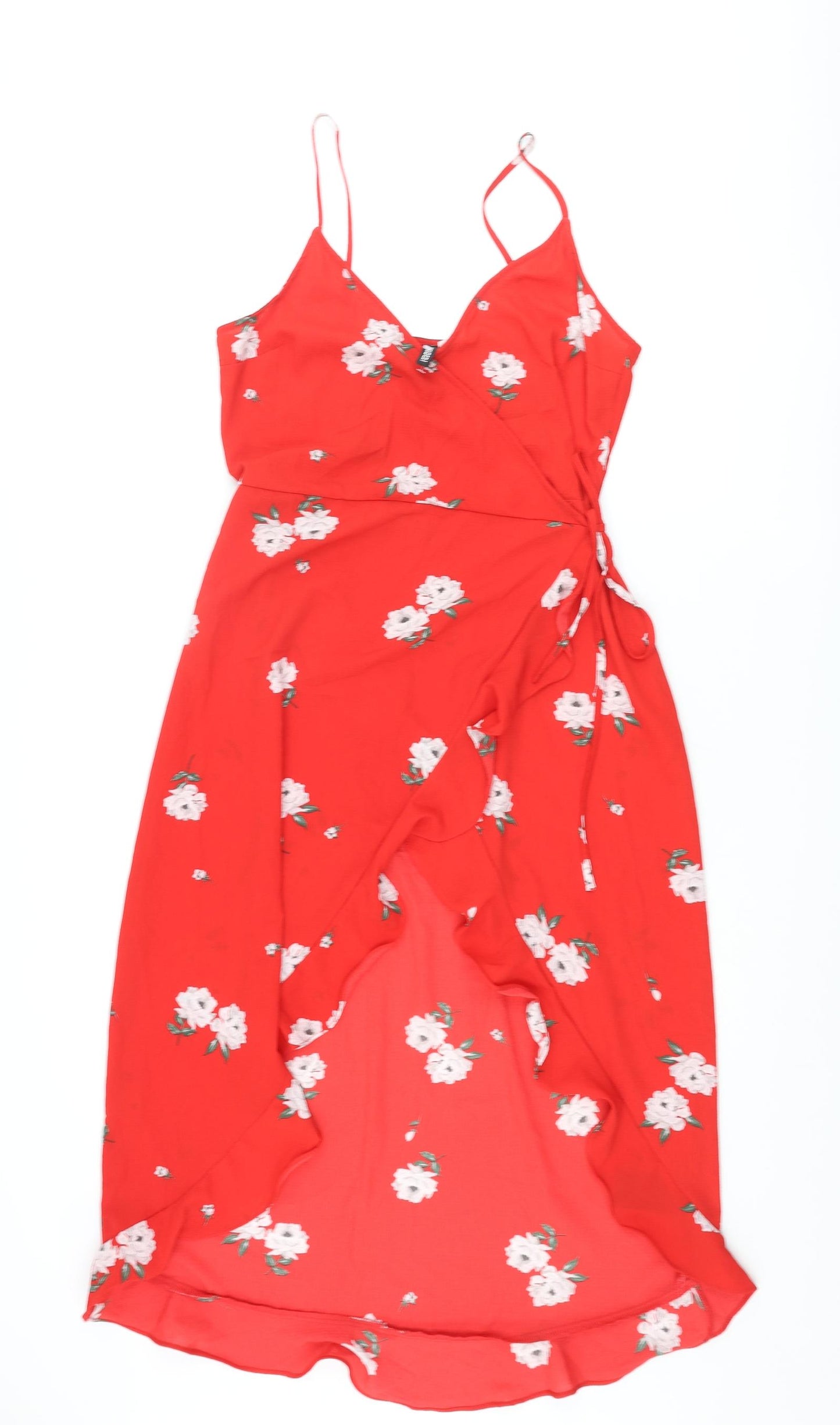 Divided by H&M Womens Red Floral Polyester Wrap Dress Size 12 V-Neck Tie - Frill