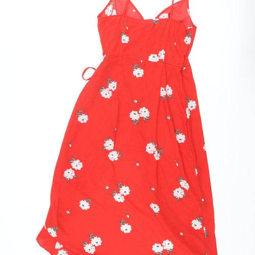 Divided by H&M Womens Red Floral Polyester Wrap Dress Size 12 V-Neck Tie - Frill