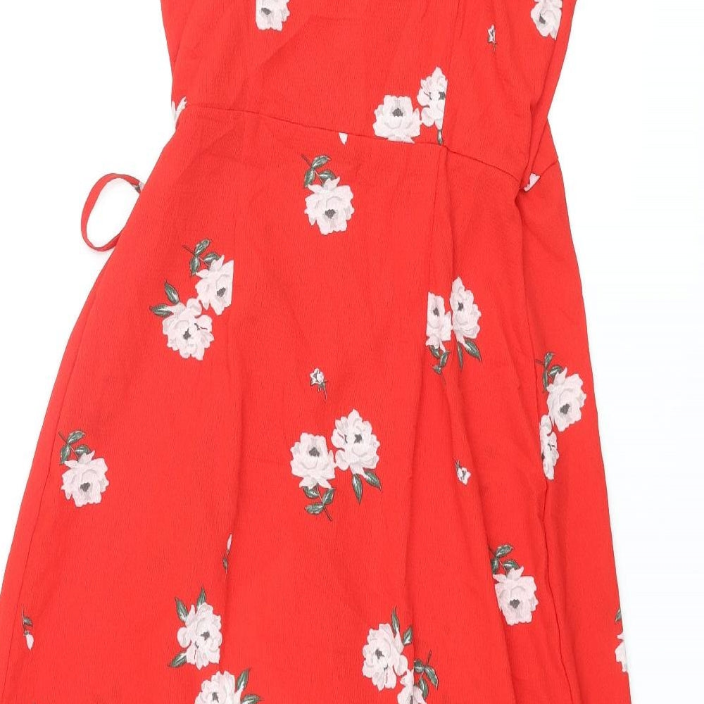 Divided by H&M Womens Red Floral Polyester Wrap Dress Size 12 V-Neck Tie - Frill