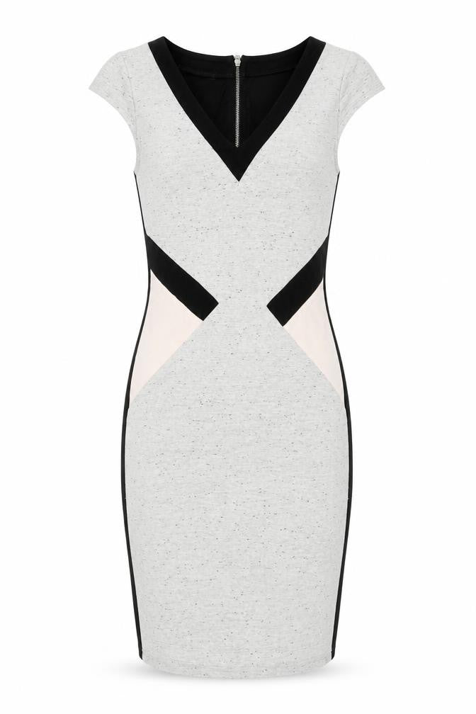 Front view of French Connection women’s multicoloured colourblock viscose bodycon, size UK 6, v-neck zip