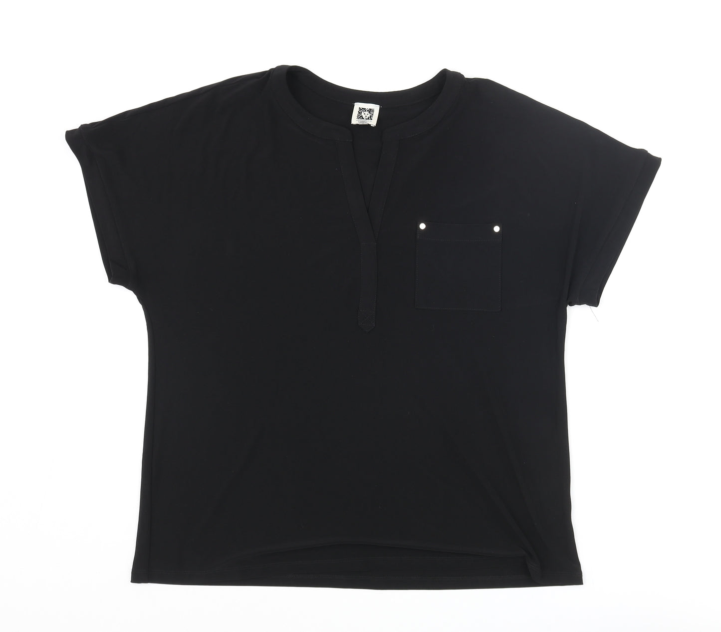 Anne Klein Womens Black Polyester Basic T-Shirt Size L V-Neck - Pocket Logo