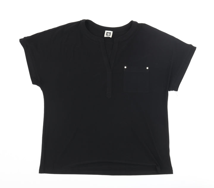 Anne Klein Womens Black Polyester Basic T-Shirt Size L V-Neck - Pocket Logo