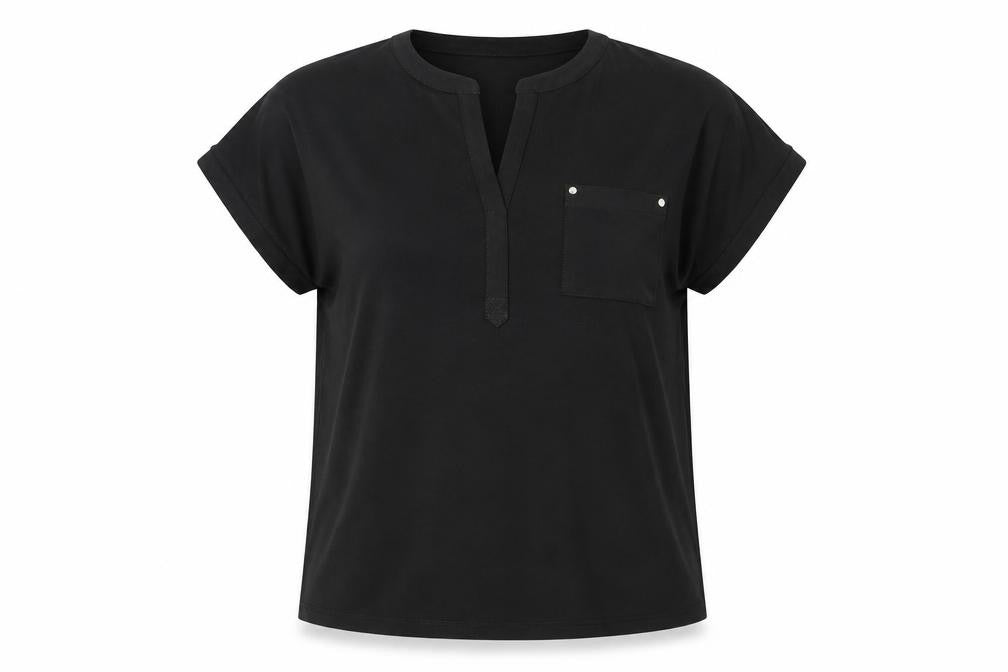 Front view of Anne Klein women’s black polyester basic t-shirt, size L, v-neck - pocket logo