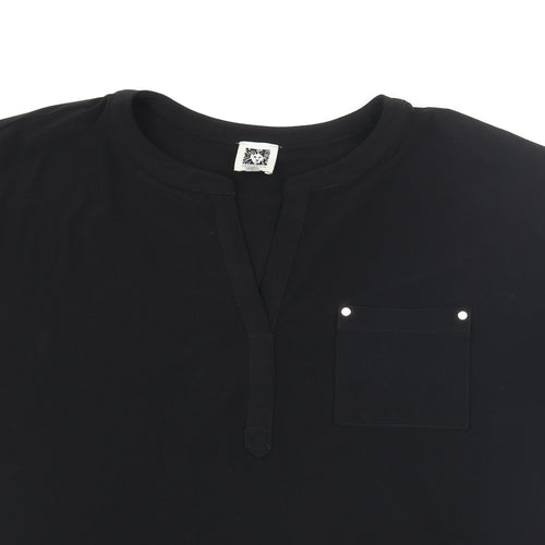Anne Klein Womens Black Polyester Basic T-Shirt Size L V-Neck - Pocket Logo