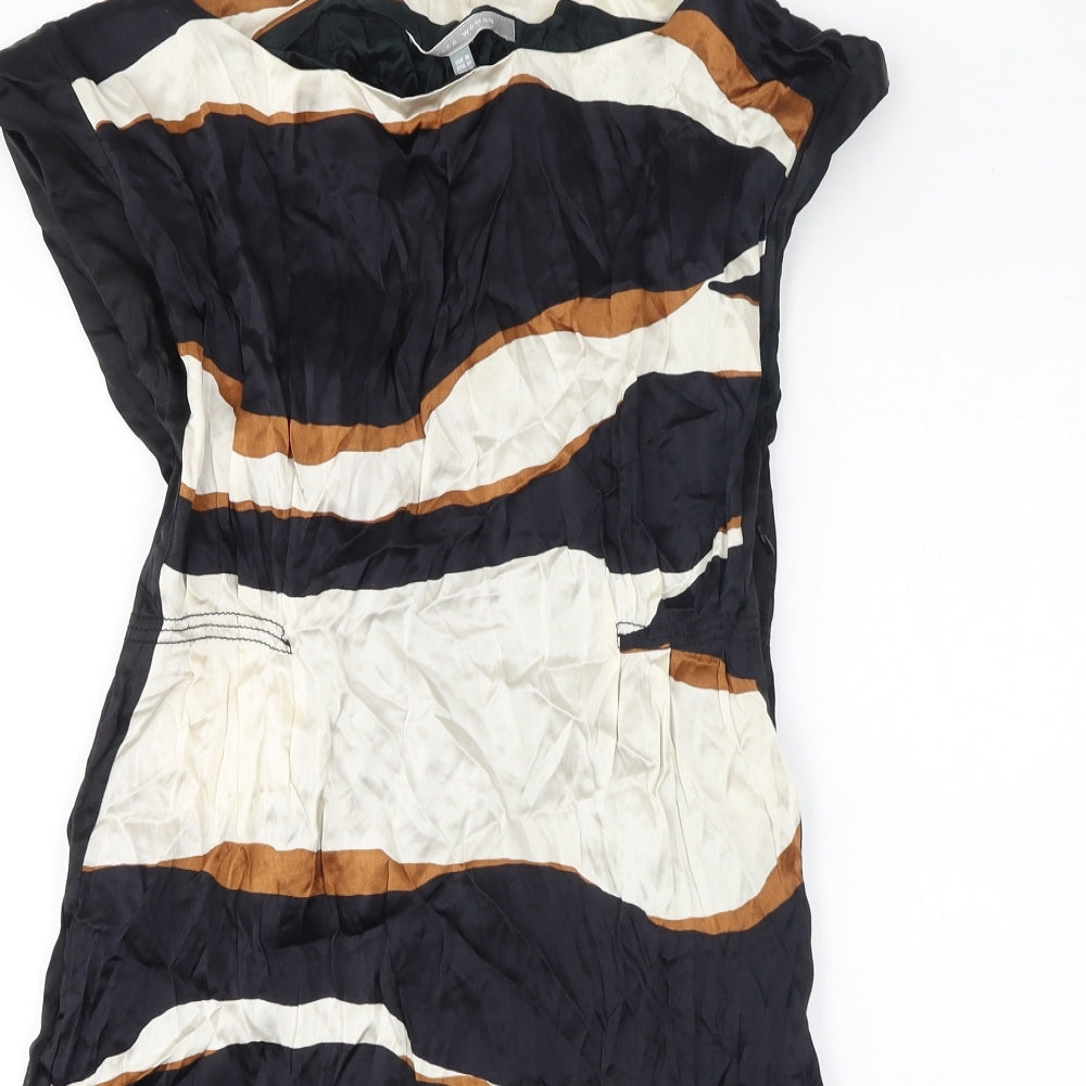 Zara Womens Black Geometric Viscose A-Line Size M Boat Neck Zip