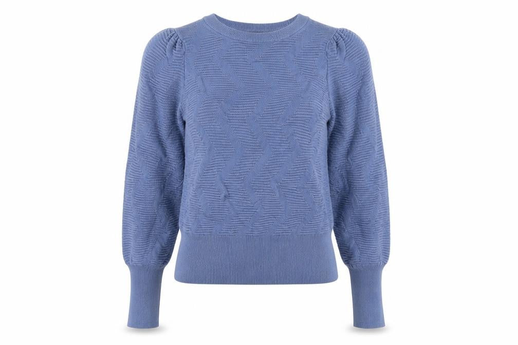 Front view of Marks & Spencer women’s blue crew neck viscose jumper, size XS