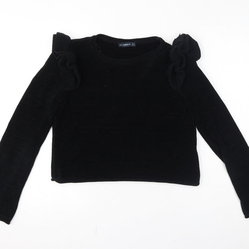 Zara Womens Black Boat Neck Polyester Pullover Jumper Size S - Ruffle detail on shoulder