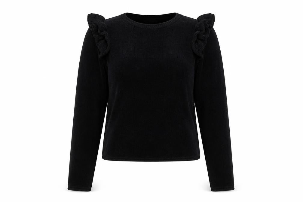 Front view of Zara women’s black boat neck polyester jumper, size S, - ruffle detail on shoulder
